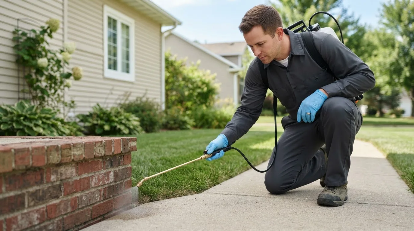 Pest control technician treating a home near Greensboro, IN