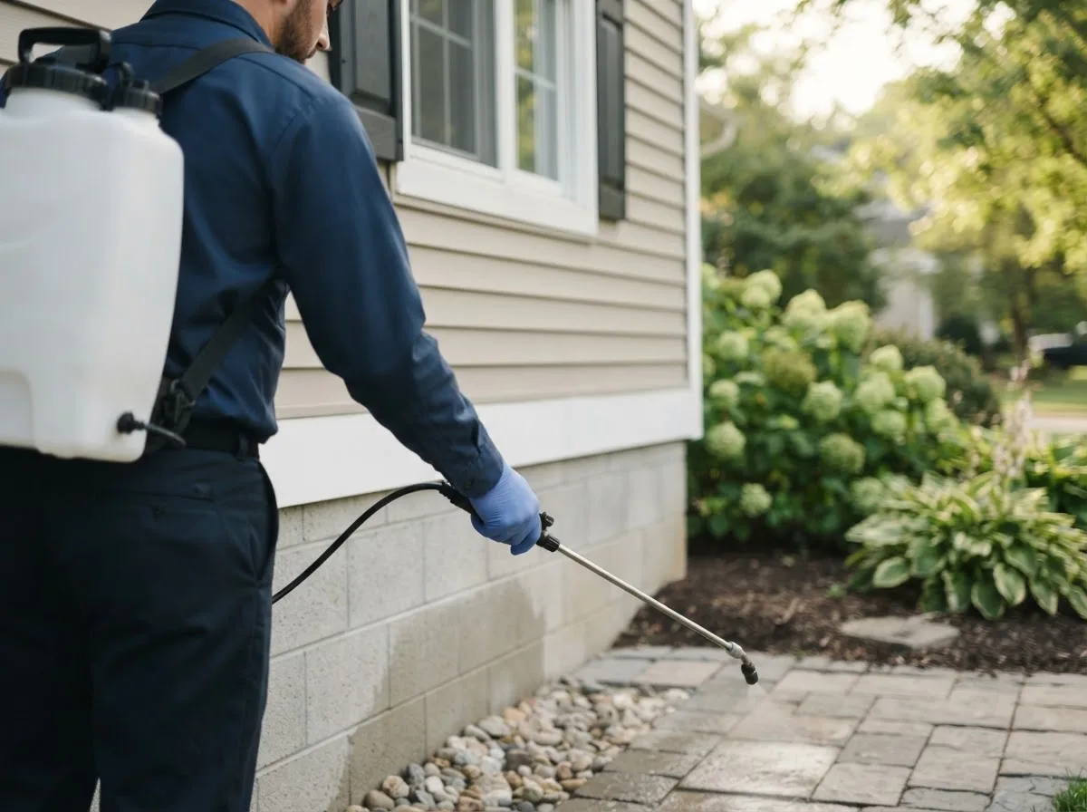 Pest control technician inspecting a home in Greensboro, IN